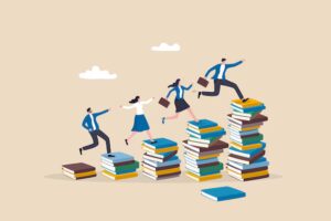 Knowledge education help business success wisdom learning help employee achieve goal training education course concept people running growth book stack achieve goal 212586 1993