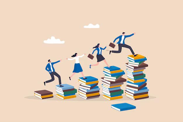 Knowledge education help business success wisdom learning help employee achieve goal training education course concept people running growth book stack achieve goal 212586 1993